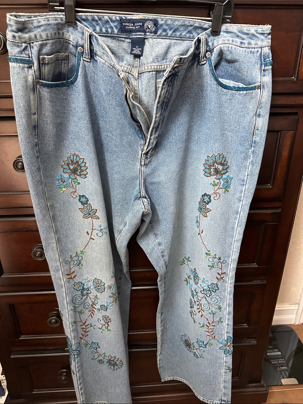 Venezia Light Blue Denim Flare Jeans with Teal & Brown Floral Embroidery